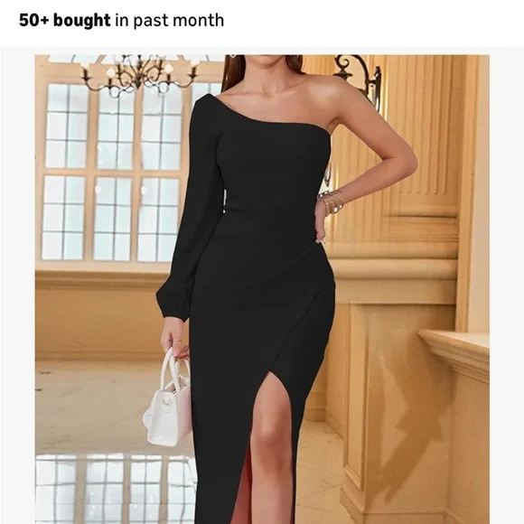 Sophisticated One-Shoulder Black Dress - Picture 2 of 3
